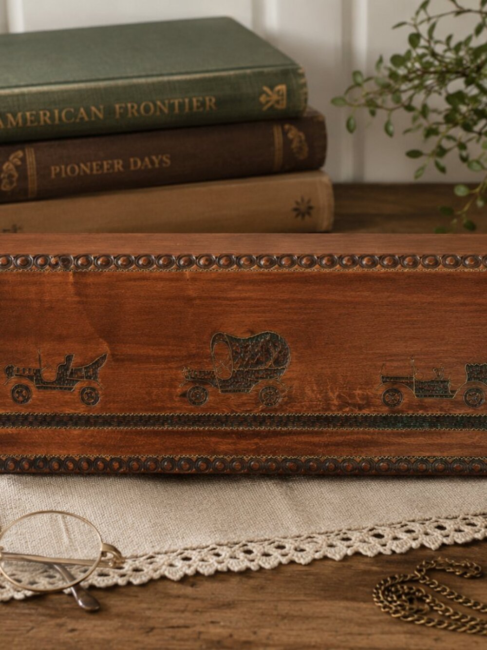 Vintage Hand Carved Wooden Trinket Box | Covered Wagon Pioneer Scene | Rustic We